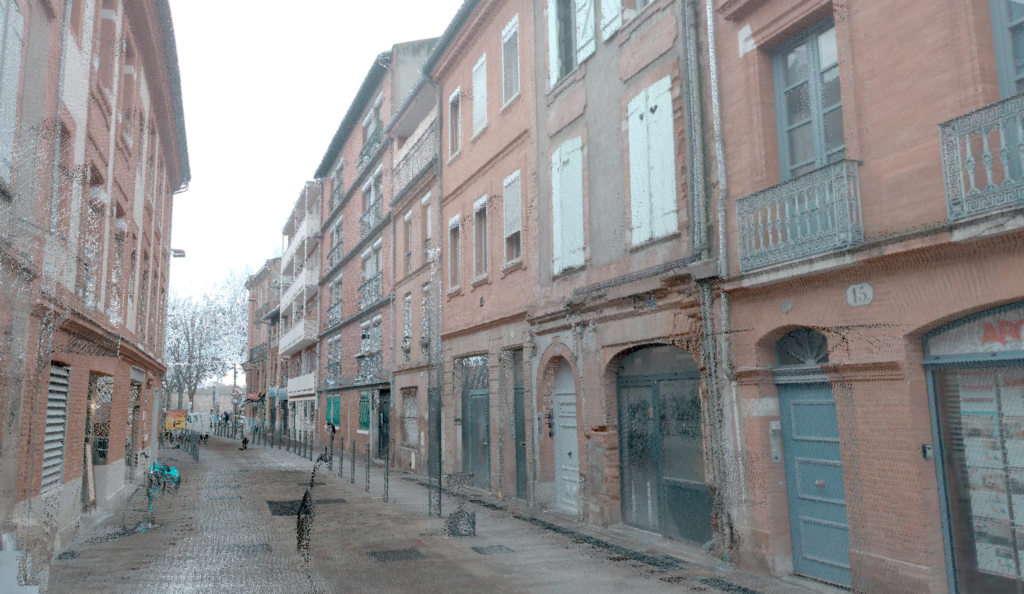 Image and point cloud overlay of a street scanned with the MS-96. Interface viewed in PPIMMS, the Viametris post-processing software.